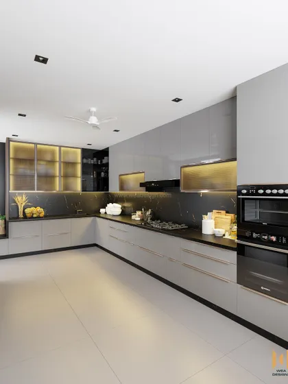 A spacious luxury kitchen featuring premium acrylic glass cabinets in grey, a black marble backsplash, and a large built-in oven unit.