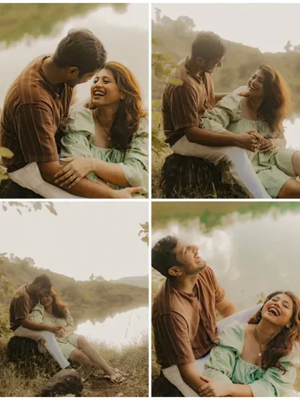 This collage captures the full range of emotions during a rustic lakeside shoot, from quiet intimacy to explosive laughter, all in a beautiful natural setting.