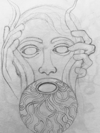The initial pencil sketch for the surreal sticker design.