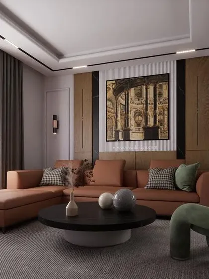 A modern living room design for a project in JP Nagar, featuring a unique knotted green armchair, a comfortable chaise lounge, and textured wall panels for a sophisticated look.
