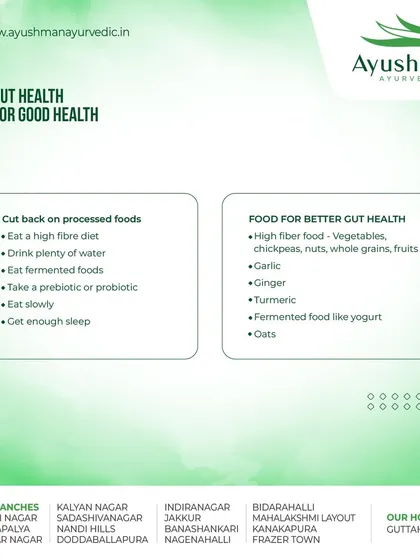 This image offers practical tips for better gut health. It recommends a high-fiber diet, plenty of water, and fermented foods, while also highlighting specific beneficial ingredients like garlic, ginger, and oats.