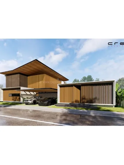 Another perspective of the 'Hover Over' exterior render, emphasizing the clean lines and the warm, tropical material palette of wood and light-colored concrete.