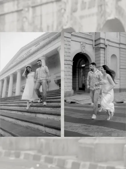 Two black and white scenes from their day in the city. One moment is a casual walk down the steps of a classic building, the other is a playful run across the street.