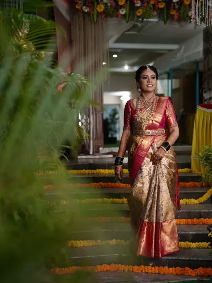 The bride's grand entrance. The makeup is designed to be impactful from a distance, ensuring she looks stunning as she walks down the aisle.