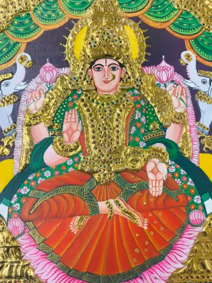 This completed Tanjore painting of Goddess Lakshmi showcases incredible discipline and attention to detail. While a traditional art form, mastering techniques like 24K gold foil application and intricate line work demonstrates a level of patience and skill that is highly valued in any design portfolio.
