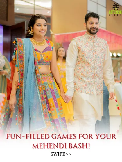 The happy couple at their Mehendi, ready for a day of fun and games. We ensure our events are packed with engaging activities for everyone.