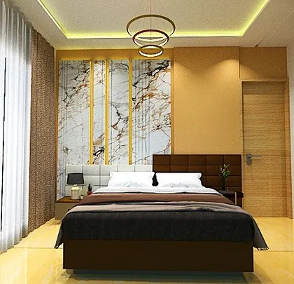 A 3D design for a bedroom in Chembur. The wall behind the bed features three vertical panels of marble-finish laminate with gold inlays, creating a simple yet luxurious statement.