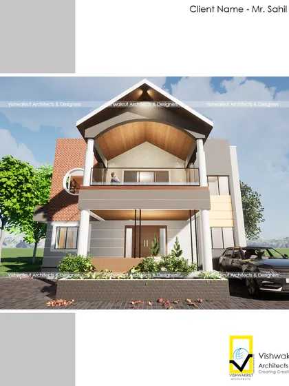 This is a 3D elevation render for a modern bungalow we designed in Lodhivali, Panvel. The design features a distinctive vaulted roof over the terrace, creating a grand and airy outdoor living space. Our architectural planning focuses on creating unique, visually striking homes that are also practical for daily life.