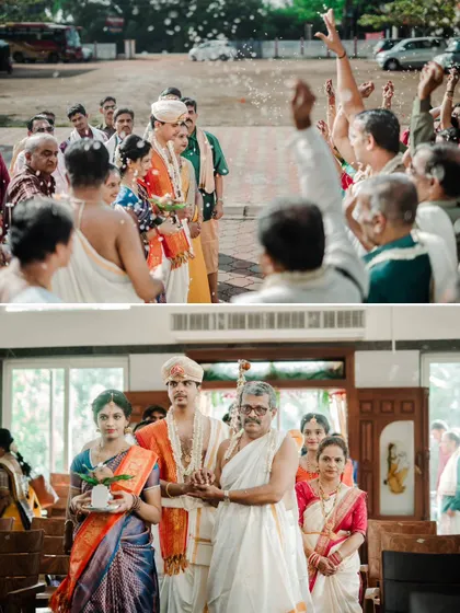 A collage capturing the groom's procession and the couple's entrance into the wedding hall.