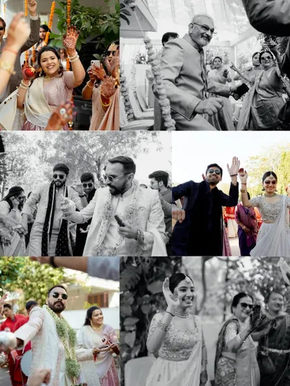 A collage of pure, unadulterated fun from the baraat and wedding celebrations. It features guests of all ages dancing with abandon, capturing the infectious energy of an Indian wedding.