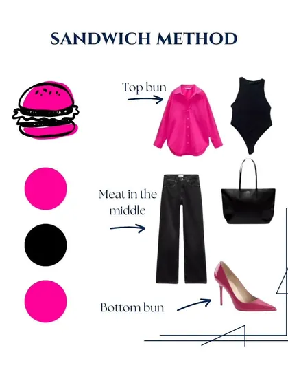 For a bold and powerful look, this example of the Sandwich Method pairs a bright pink shirt with matching pink pumps. The black pants, top, and bag in the middle ground the outfit, making the pink stand out.