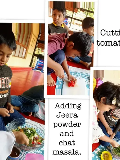 Making a healthy and delicious chickpea salad, where children practiced chopping vegetables and mixing ingredients to create a nutritious meal.