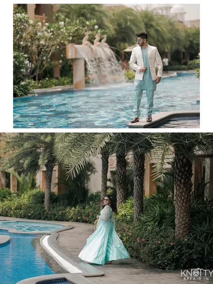 Individual portraits by the resort pool. This collage showcases the bride and groom's style against the luxurious backdrop of the water and palm trees.
