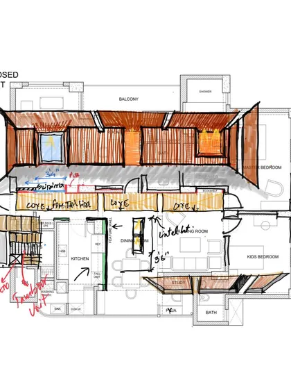 A proposed layout combining a floor plan with elevation ideas, showing how a feature wall can divide and organize the space.