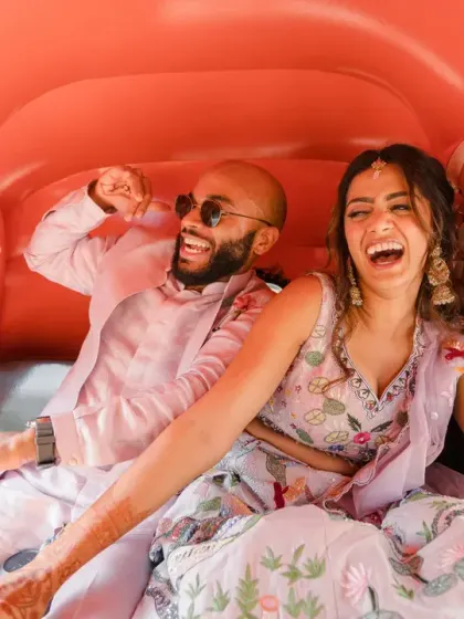 Pure, unfiltered joy in a rickshaw. This couple's quirky entry and infectious laughter set the tone for a Haldi ceremony that was all about fun and being themselves.