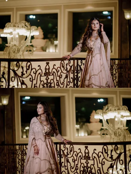 A two-panel shot showing different angles of the bride's pose on an ornate balcony.
