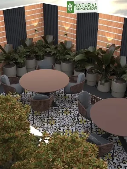 An aerial view of the rooftop cafe concept. This shows the layout of the tables and the extensive use of planters to create a green and inviting atmosphere.