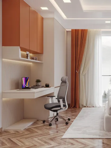 A compact and efficient home office nook integrated into a guest bedroom. The render highlights the floating desk and the pop of color from the overhead cabinets.