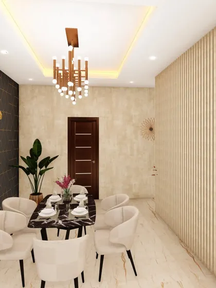 A 3D render of an elegant dining space. The design features a dark marble-top table, a statement chandelier, and a combination of textured and vertically-paneled accent walls to create a formal yet inviting atmosphere.