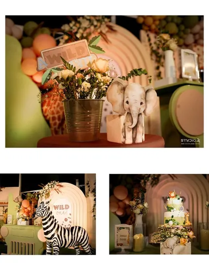A collage showcasing the finer details of our 'Wild One' safari party. Notice the cute baby elephant figurine, the life-sized zebra prop, and the beautifully arranged cake and dessert table.