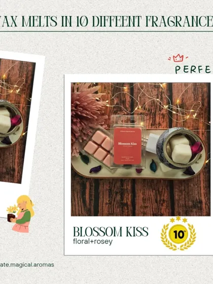 The 'Blossom Kiss' wax melt is a beautiful floral and rosy fragrance, perfect for lovers of classic flower scents.