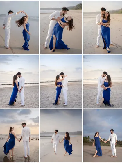 A pre-wedding shoot at the beach offers so many possibilities. This collage shows a series of moments from one session, from playful dancing by the waves to quiet, romantic walks as the sun sets. It’s a complete love story told in nine frames.