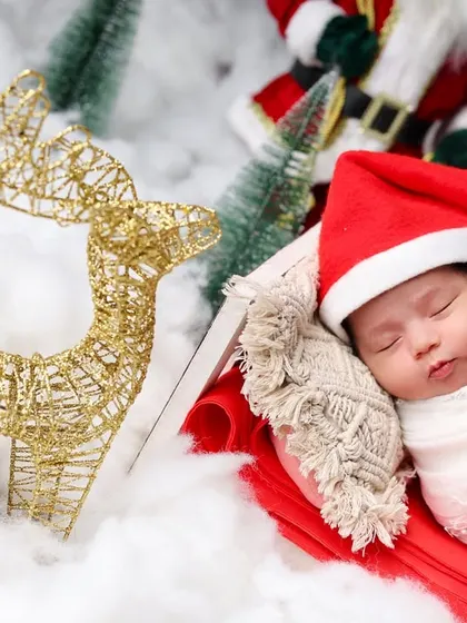 A peaceful newborn Christmas portrait. The baby is sleeping soundly in a miniature sleigh, surrounded by festive props like a golden reindeer and tiny pine trees.