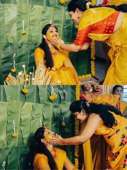 Friends and family lovingly applying turmeric paste to the bride. These photos are all about the shared joy and community of pre-wedding rituals.