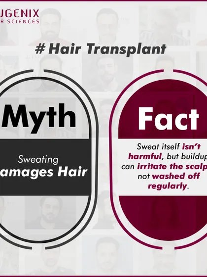 A series of graphics debunking common myths about fitness and hair loss, such as whether exercise, sweating, or high-protein diets cause baldness.