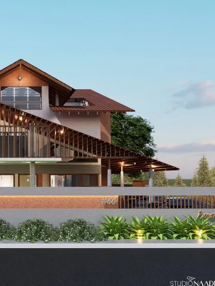 This design showcases a complex, angular roof structure that provides extensive shading for the floors below. The use of vertical wooden slats and a low-profile boundary wall creates a modern yet warm aesthetic that is well-suited to its environment.