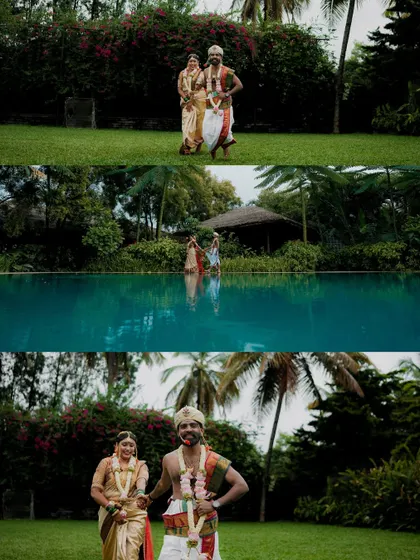 A collage telling the story of a couple who met at the gym, now celebrating their wedding. These shots capture their journey from "strangers to soulmates."