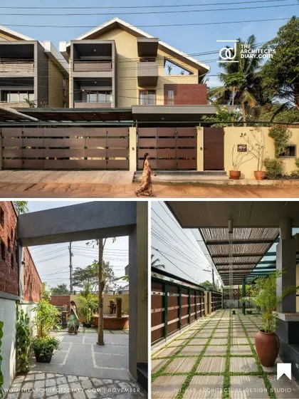 This collage shows the relationship between the external facade and the internal courtyard spaces. The design ensures that the home feels connected, from the street view to the most private garden areas.