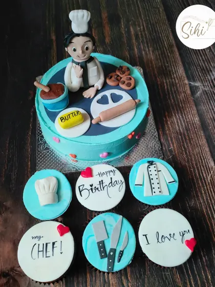 Yes, Chef. This set was designed for a passionate chef, featuring a 3D fondant figure on the cake and matching cupcakes with a chef's coat, hat, and miniature knives.
