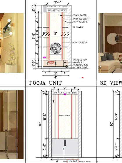 This sheet presents the complete design for a puja unit, from the 3D view to the detailed 2D technical drawings. It specifies dimensions, materials like CNC-cut panels, and lighting placement, ensuring precise execution.