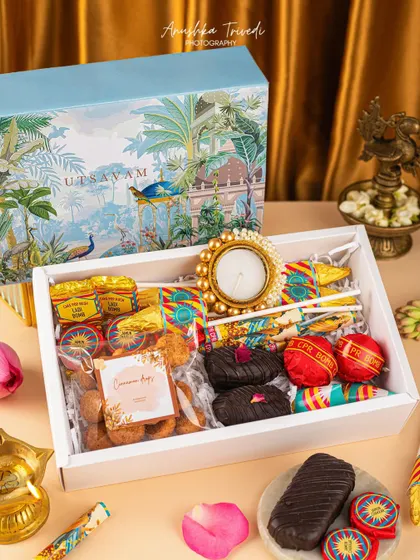 A fun and unique Diwali hamper filled with nostalgic candies and chocolates, perfect for a playful, family-focused campaign.