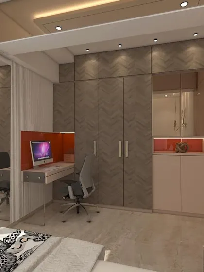 A wider view of the integrated study and wardrobe design. This shows how the desk is seamlessly incorporated into the overall furniture layout, ensuring a cohesive and uncluttered look.