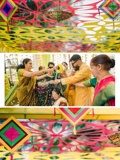 A collage showing the colorful ceiling decor and a candid moment from the Haldi ceremony rituals.