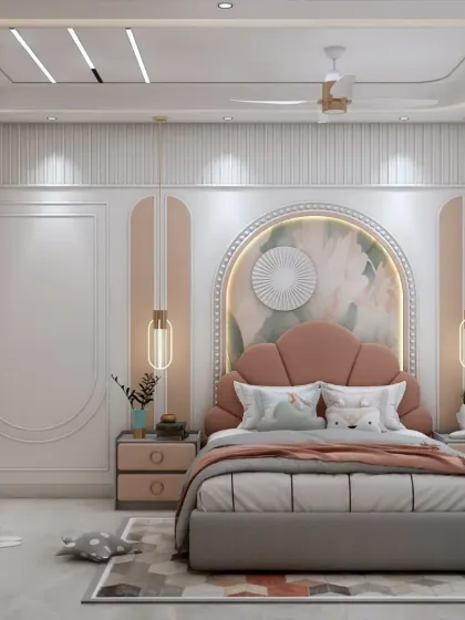 The headboard wall in this kids' room features a beautiful floral mural within an arched niche, creating a soft and dreamy atmosphere.