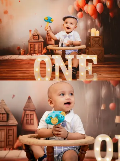 A collage from an indoor first birthday shoot, with the baby boy surrounded by light-up "ONE" letters and house-shaped props.