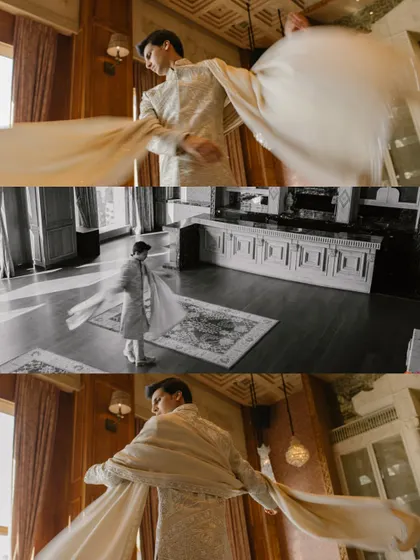 A dynamic, multi-frame shot of the groom getting ready, capturing the movement and elegance of his attire.