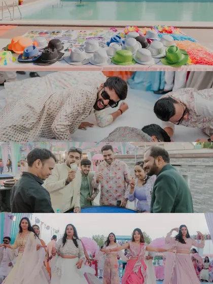 A collage capturing the fun and games of a wedding carnival. From dance performances to playful activities, these shots show the lively and interactive nature of the event.