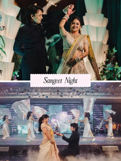 A collage from a Sangeet night, showing the couple's performance and the grand stage setup.