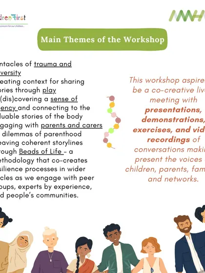 This visual details the themes of our "Unravelling Trauma" workshop, which combines presentations, demonstrations, and exercises to make the voices of children and families present.