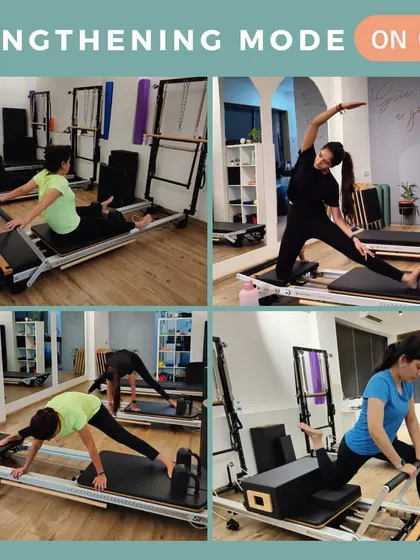 Lengthening mode: ON. This collage showcases various stretching and lengthening movements our clients perform on the reformer, connecting their core and breath.