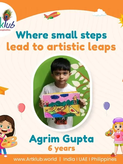 Six-year-old Agrim Gupta takes an artistic leap with his colorful drawing of birds on a wall.