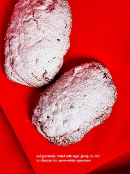 The snowy-white appearance of the Stollen is characteristic of this traditional German bread.