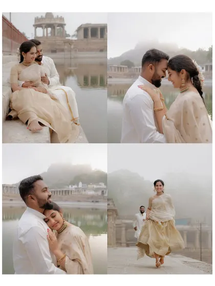A four-image collage capturing different intimate and candid moments from a couple's pre-wedding shoot at the Melukote temple pond.