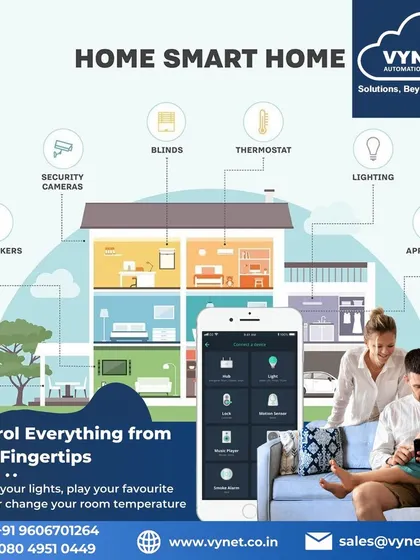 This diagram illustrates the core concept of our service: a fully integrated smart home. We connect everything from your lights and security cameras to your thermostat and speakers, giving you complete control from a single app.
