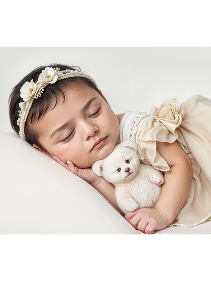 A sweet portrait of a sleeping baby cuddling a tiny white teddy bear.