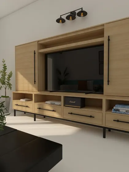 A custom TV unit with ample storage, designed with clean lines and a light wood finish. The black metal legs and handles add a modern, industrial touch.